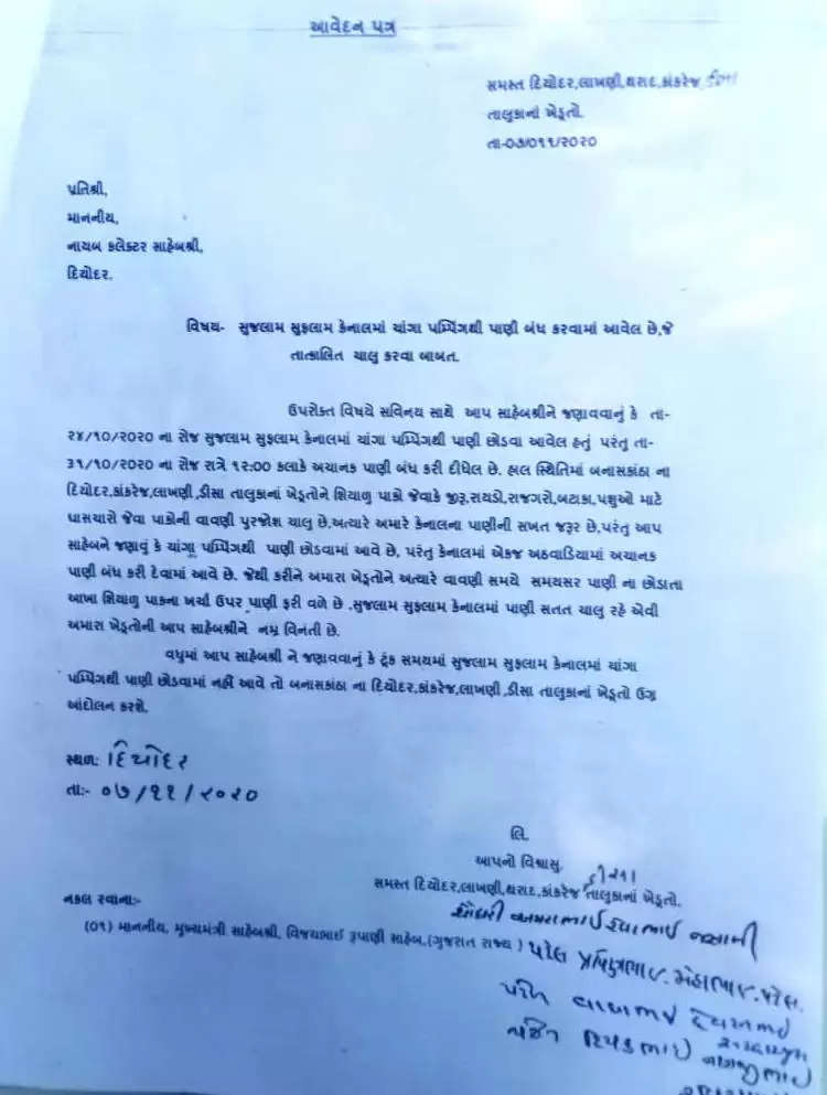રજૂઆત@દિયોદર: શિયાળુપાકના વાવેતર ટાંણે કેનાલમાં પાણી બંધ, ના.કલેક્ટરને પત્ર