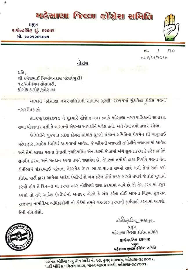 મહેસાણા: પાલિકાની સાધારણ સભામાં વ્હીપનો અનાદર કર્યો, કોંગી સભ્યોને નોટીસ